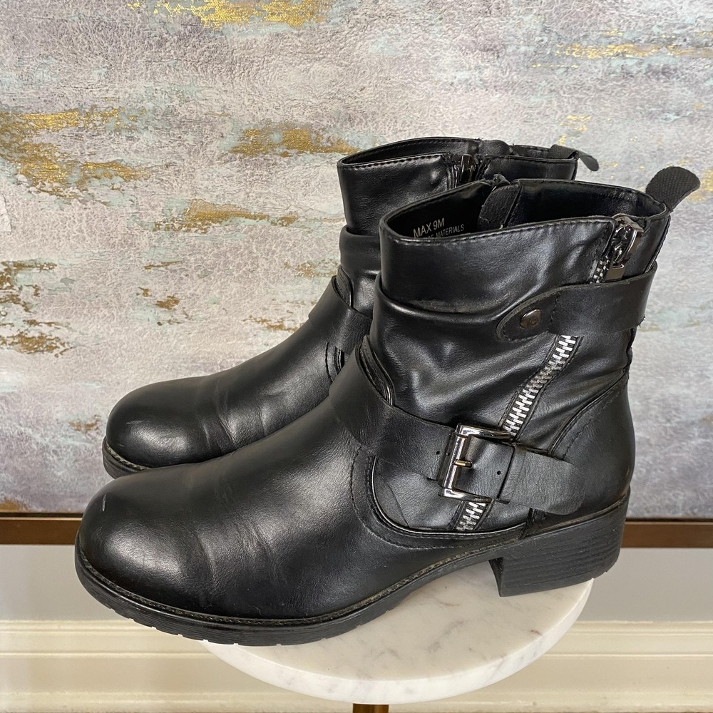Dunes Max Boots Womens Size 9 Black Faux Leather Biker Ankle Zip Lined